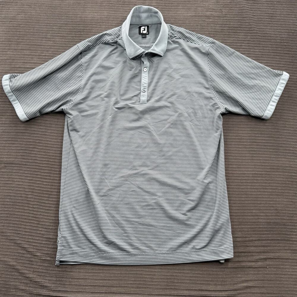 Footjoy Polo Shirt Men Large‎ Gray Striped Polyester Golf Golfing Performance.